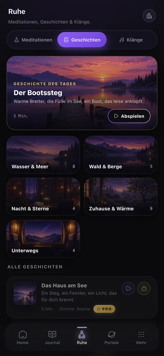 Ruhe-Bereich mit Geschichte des Tages und Kategorien wie Wasser und Meer, Wald und Berge, Nacht und Sterne