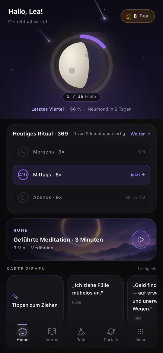 Manifest-Startseite mit Mondphase, heutigem 3-6-9-Ritual, Ruhe-Karte und Tageskarte
