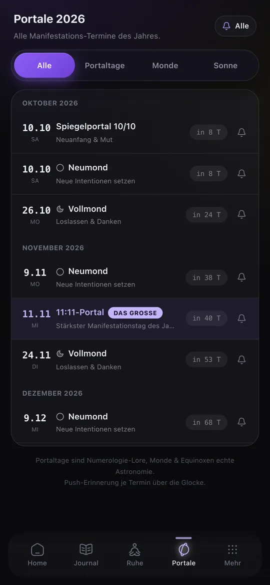 Portale-Kalender mit Spiegelportal, Neumond, Vollmond und 11:11-Portal, je mit Glocke für die Erinnerung
