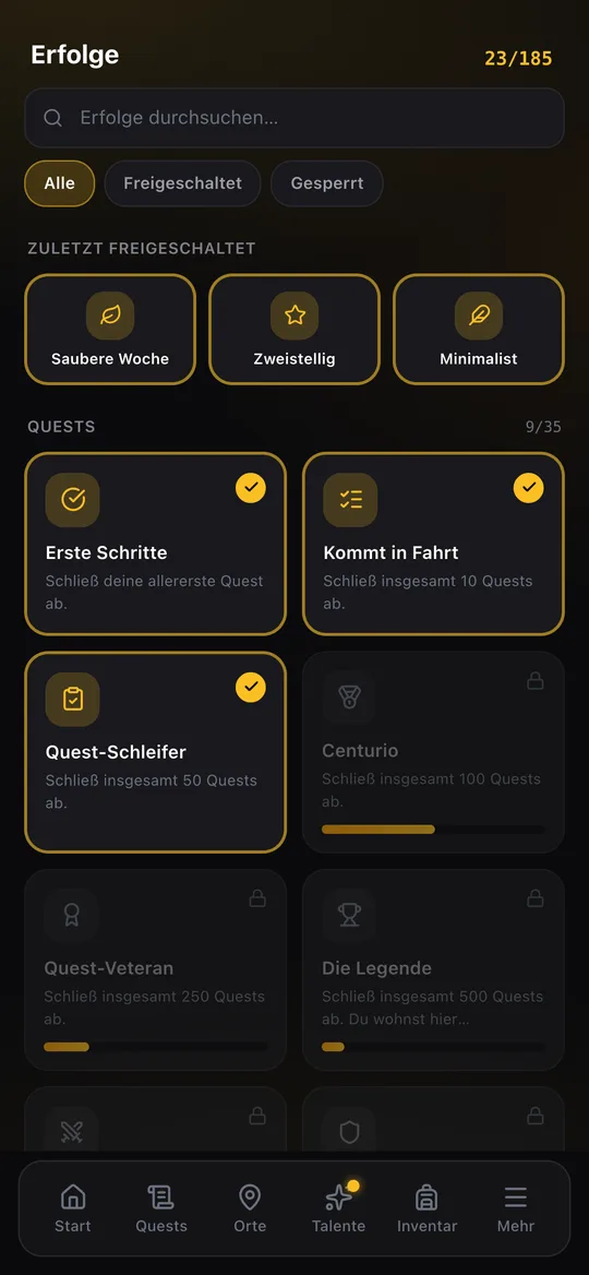 Erfolge mit freigeschalteten Quest-Erfolgen