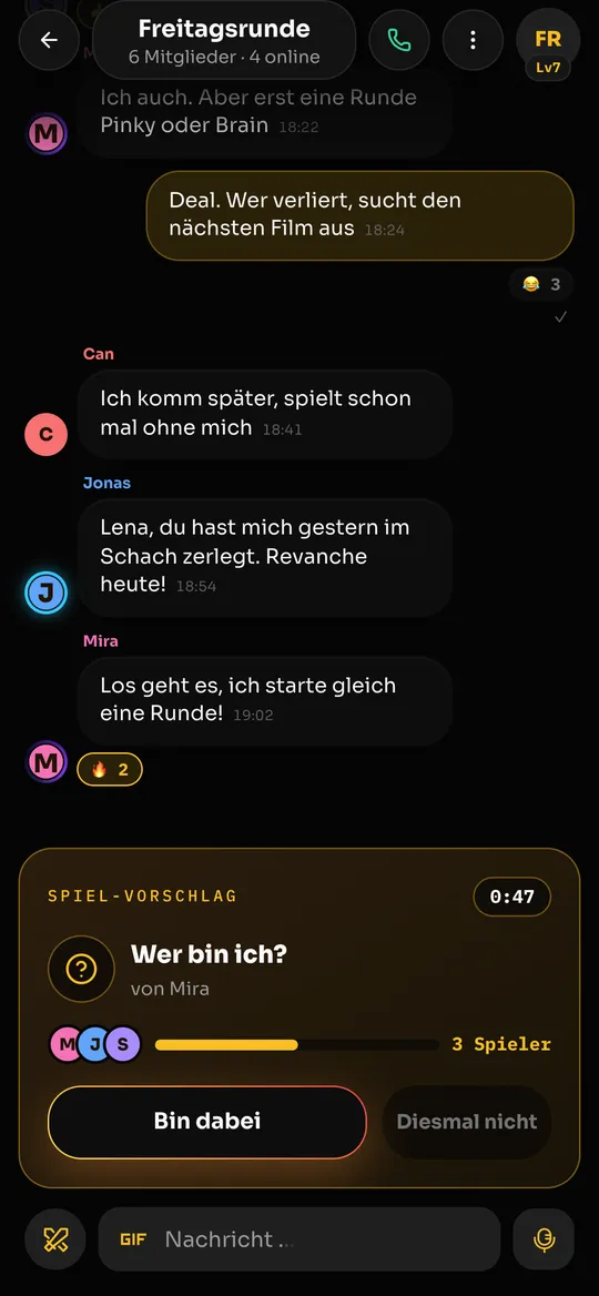 Gruppenchat mit Spiel-Vorschlag „Wer bin ich?“ und Countdown