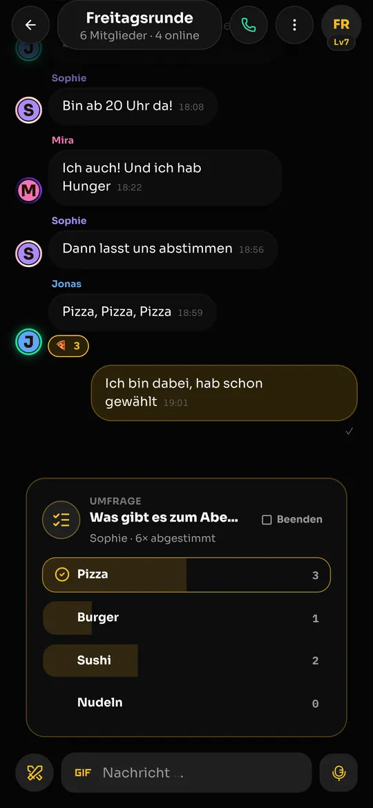 Umfrage im Gruppenchat: Was gibt es zum Abendessen?
