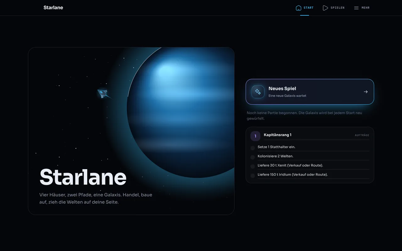 Starlane am Desktop: Startseite mit Kapitänsrang und Aufträgen