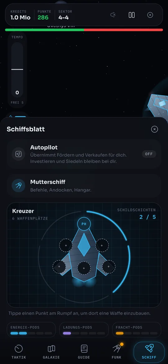 Schiffsblatt mit Autopilot, Mutterschiff und Waffenplätzen am Kreuzer