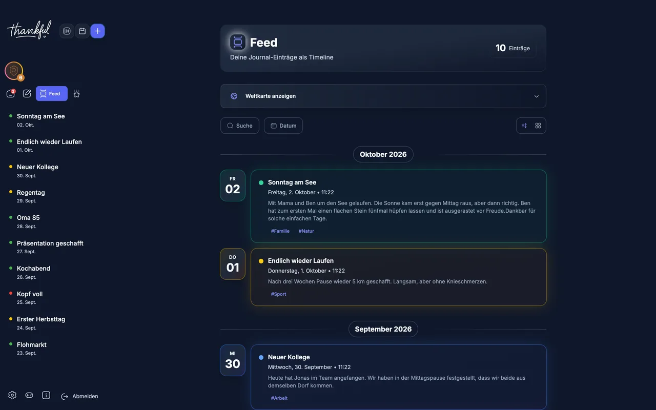 Thankful in der Desktop-Ansicht: Feed mit Einträgen nach Monaten