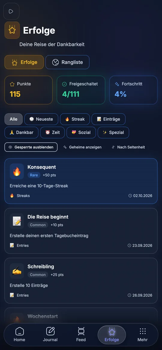Erfolge-Seite mit 4 von 111 freigeschalteten Erfolgen, Kategorien und Rangliste