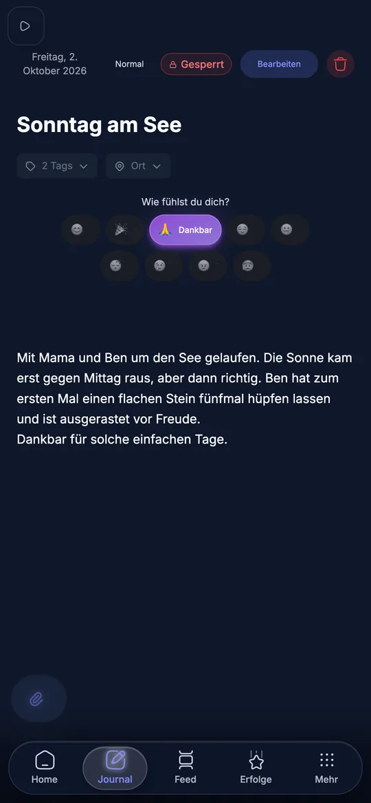 Thankful-Editor mit Eintrag „Sonntag am See“, Stimmung Dankbar und Tags